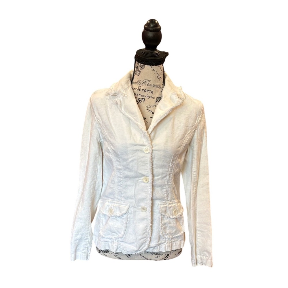 Great Northwest White Linen Cotton Frayed Utility Blazer Jacket Womens Small